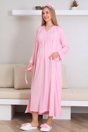 Lace V-Collar Maternity-Nursing Nightgown & Robe Set Pink - 2290