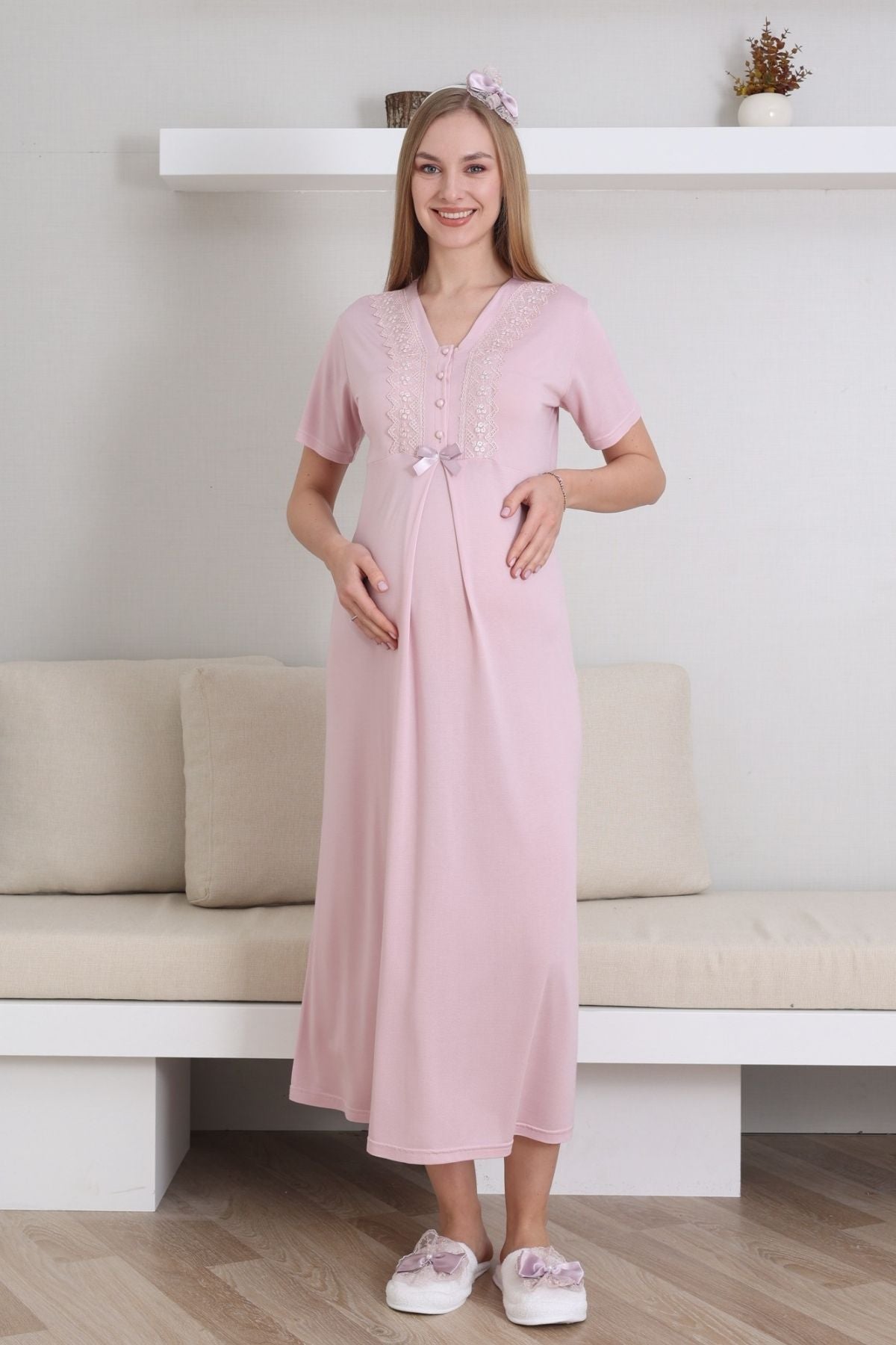 Lace V-Collar Maternity-Nursing Nightgown & Robe Set Powder - 2290