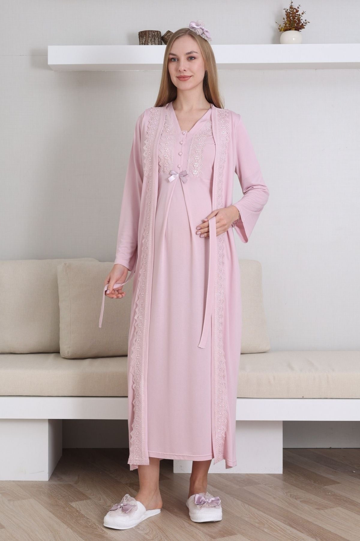 Lace V-Collar Maternity-Nursing Nightgown & Robe Set Powder - 2290