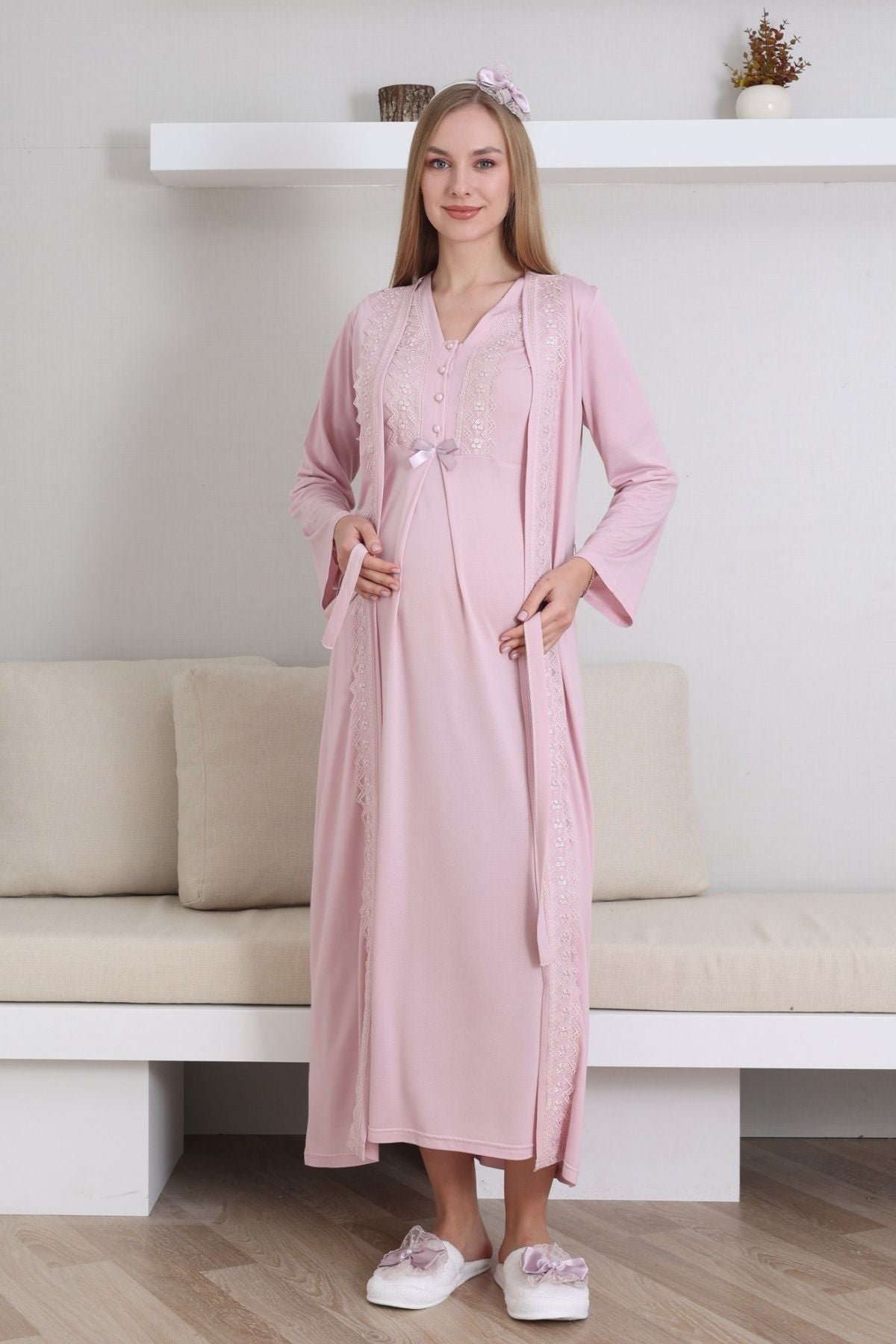 Lace V-Collar Maternity-Nursing Nightgown & Robe Set Powder - 2290