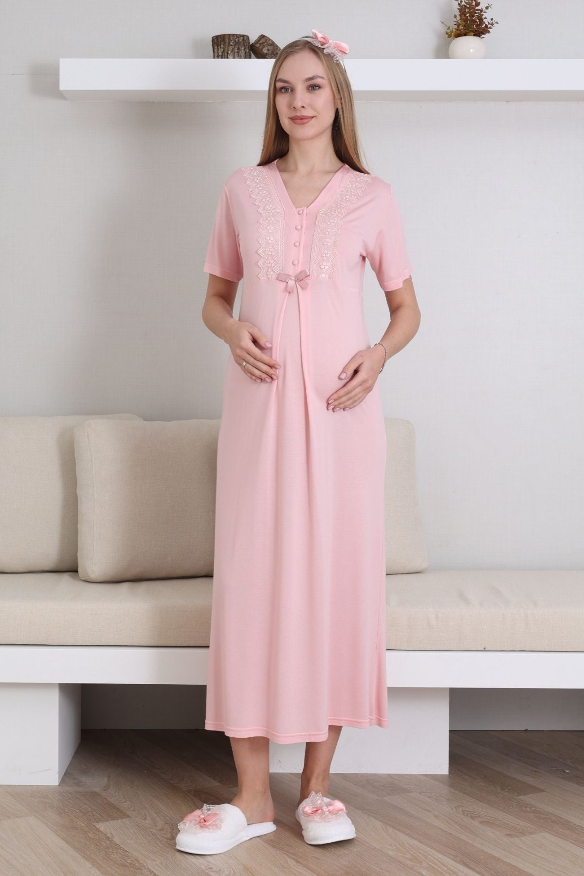 Lace V-Collar Maternity-Nursing Nightgown & Robe Set Salmon - 2290