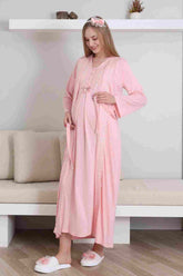 Lace V-Collar Maternity-Nursing Nightgown & Robe Set Salmon - 2290