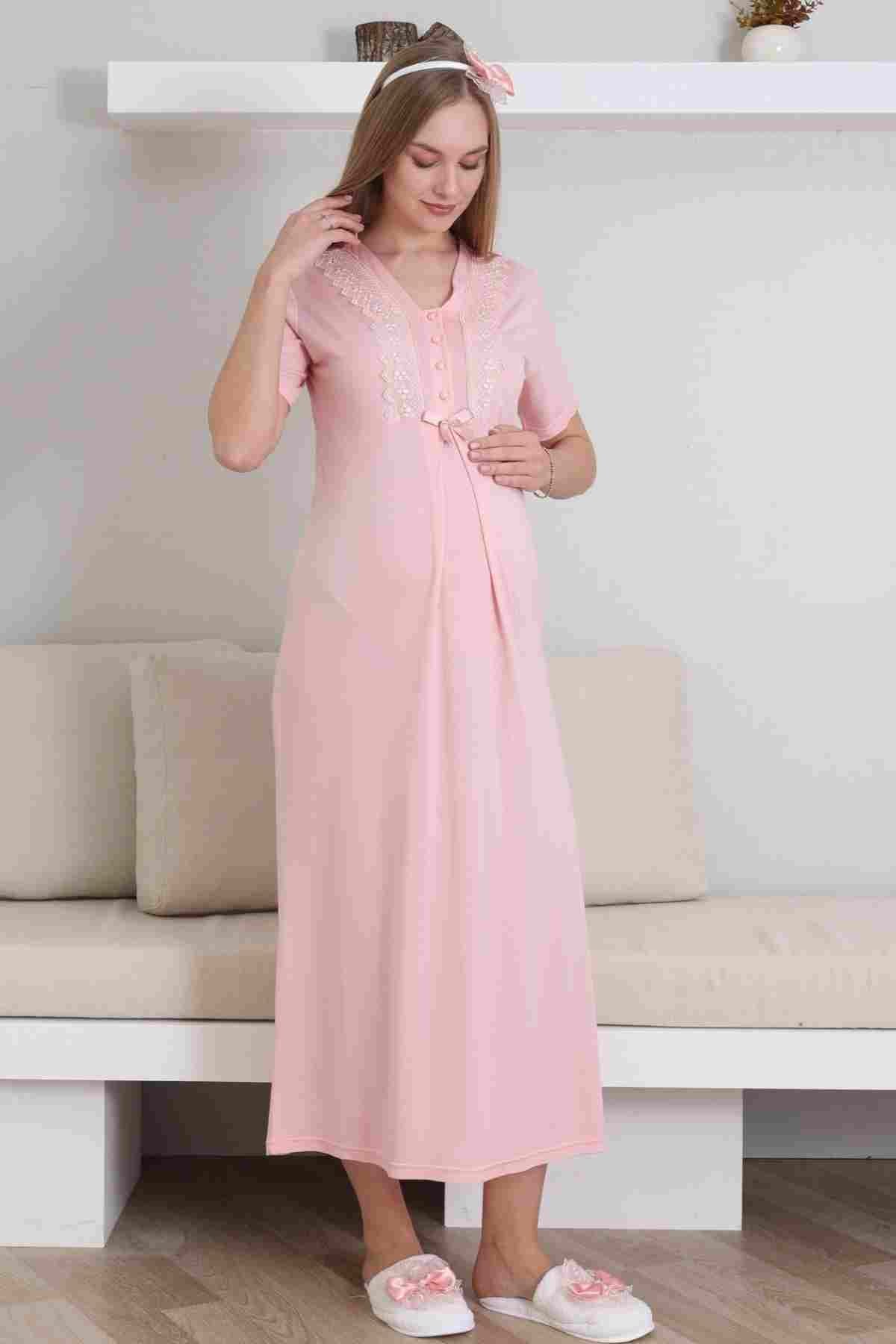 Lace V-Collar Maternity-Nursing Nightgown & Robe Set Salmon - 2290