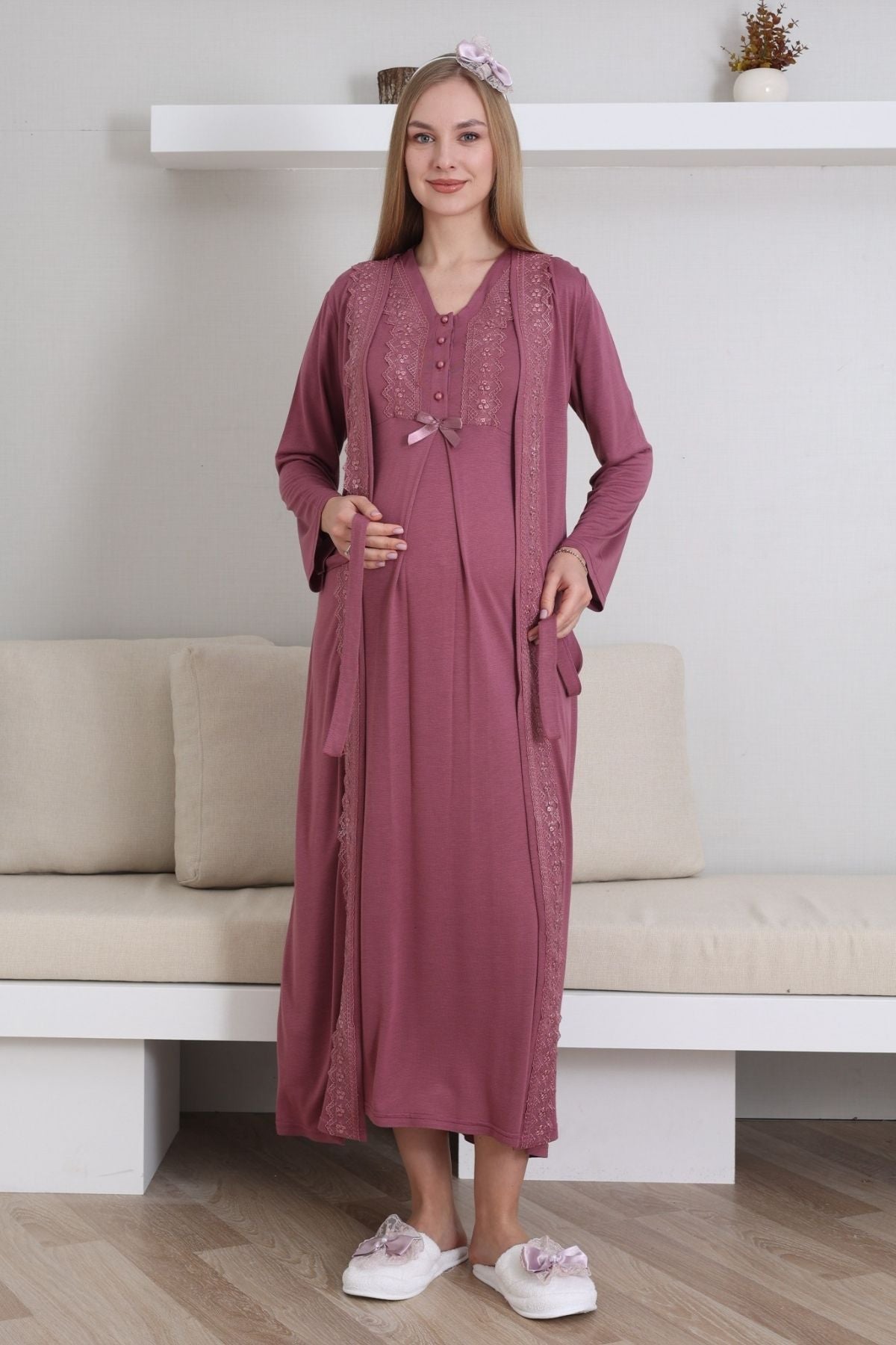 Lace V-Collar Maternity-Nursing Nightgown & Robe Set Cherry - 2290