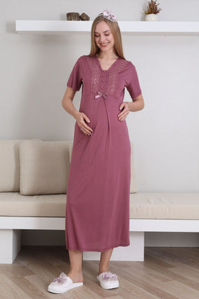 Lace V-Collar Maternity-Nursing Nightgown & Robe Set Cherry - 2290