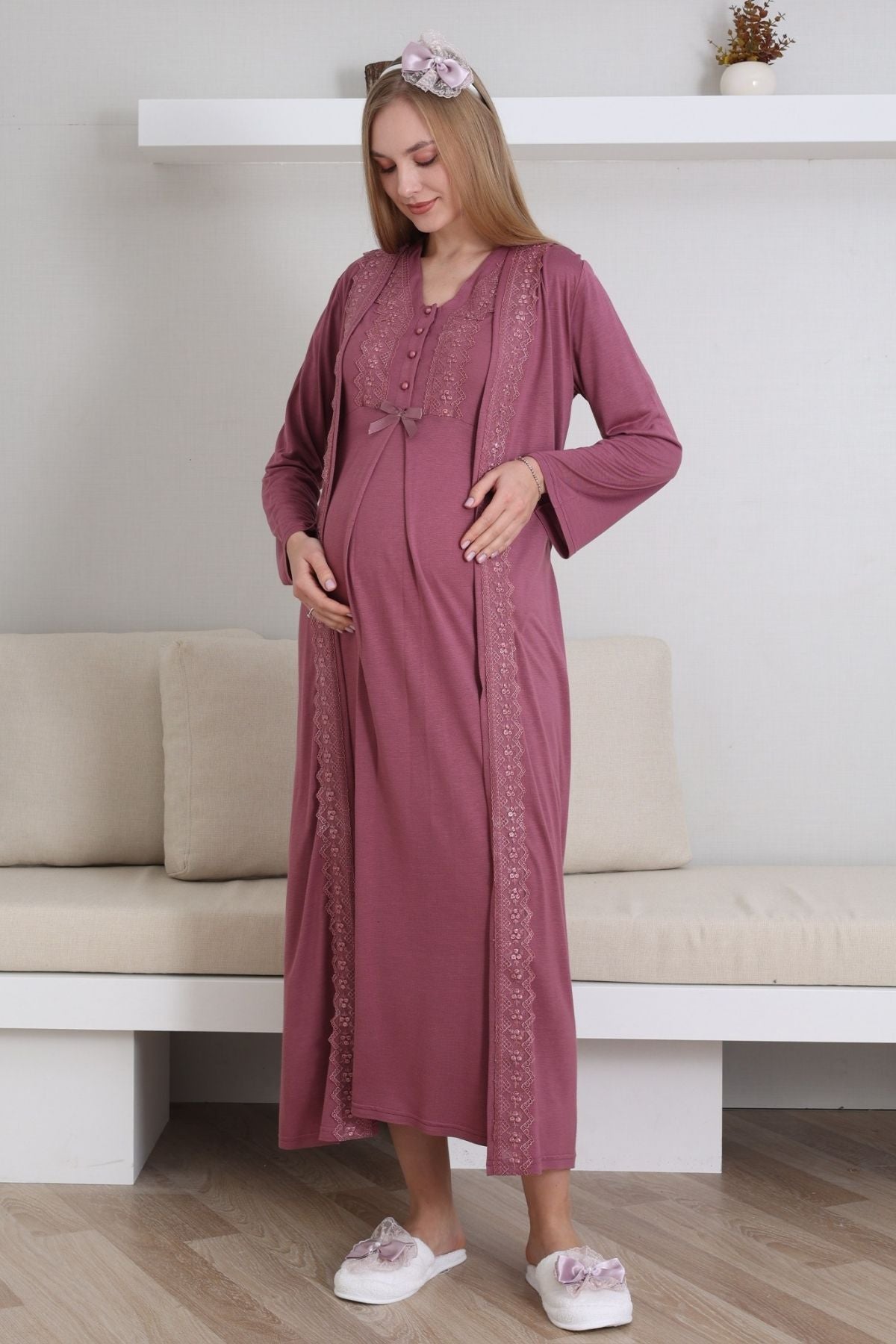 Lace V-Collar Maternity-Nursing Nightgown & Robe Set Cherry - 2290