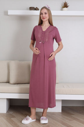 Lace V-Collar Maternity-Nursing Nightgown & Robe Set Cherry - 2290