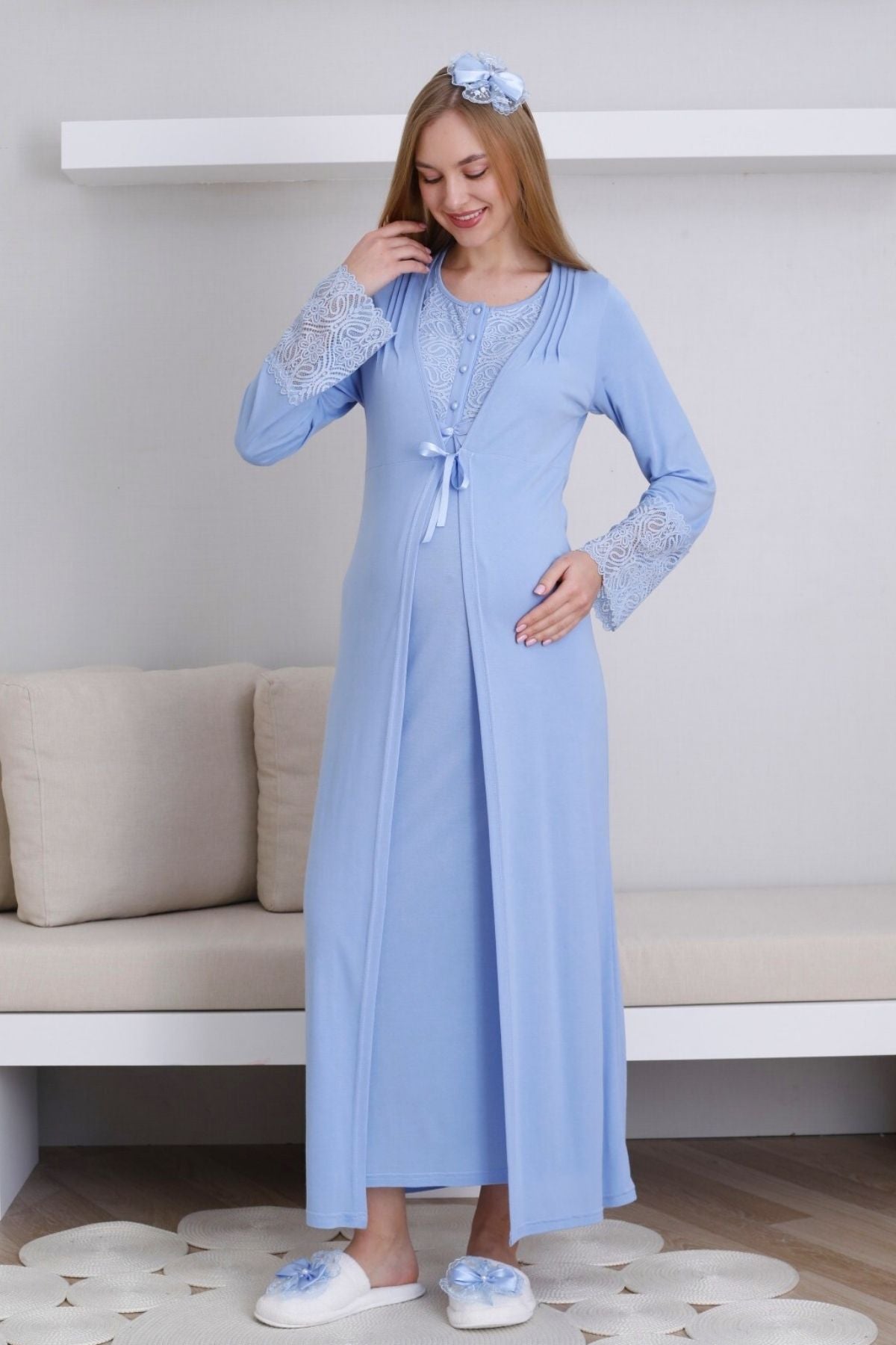 Lace Collar Maternity-Nursing Nightgown & Lace Sleeve Robe Set Blue - 2291