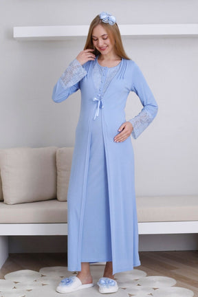 Lace Collar Maternity-Nursing Nightgown & Lace Sleeve Robe Set Blue - 2291