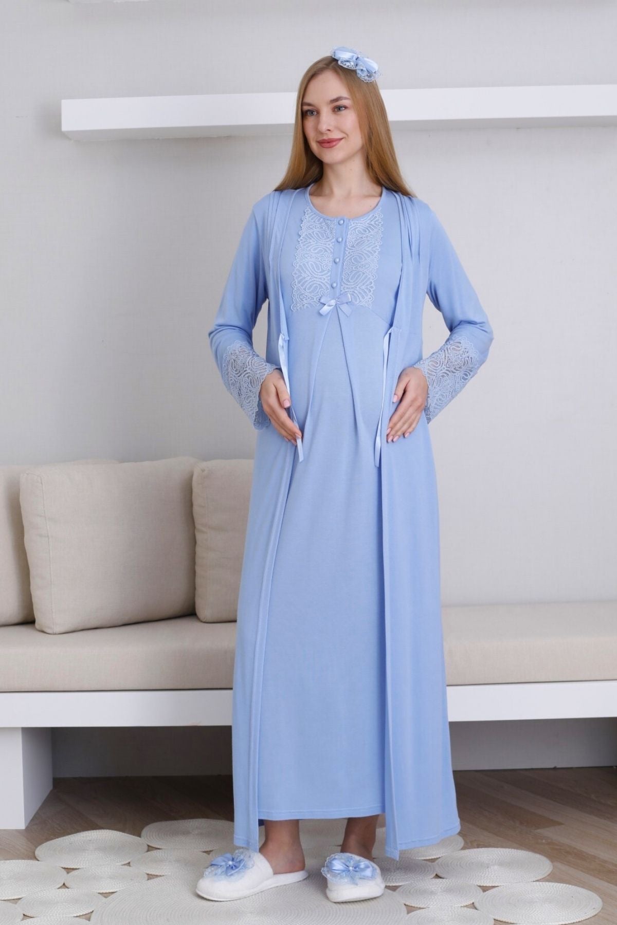 Lace Collar Maternity-Nursing Nightgown & Lace Sleeve Robe Set Blue - 2291