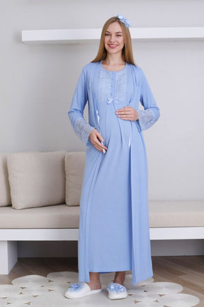 Lace Collar Maternity-Nursing Nightgown & Lace Sleeve Robe Set Blue - 2291