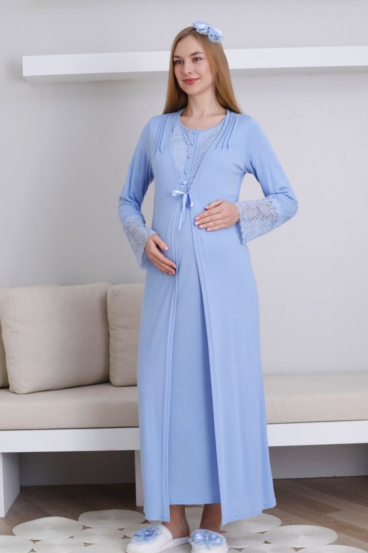 Lace Collar Maternity-Nursing Nightgown & Lace Sleeve Robe Set Blue - 2291