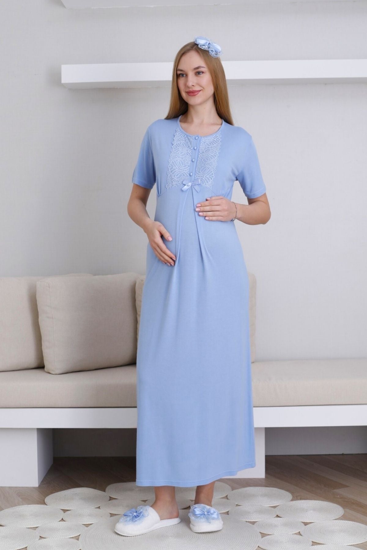 Lace Collar Maternity-Nursing Nightgown & Lace Sleeve Robe Set Blue - 2291