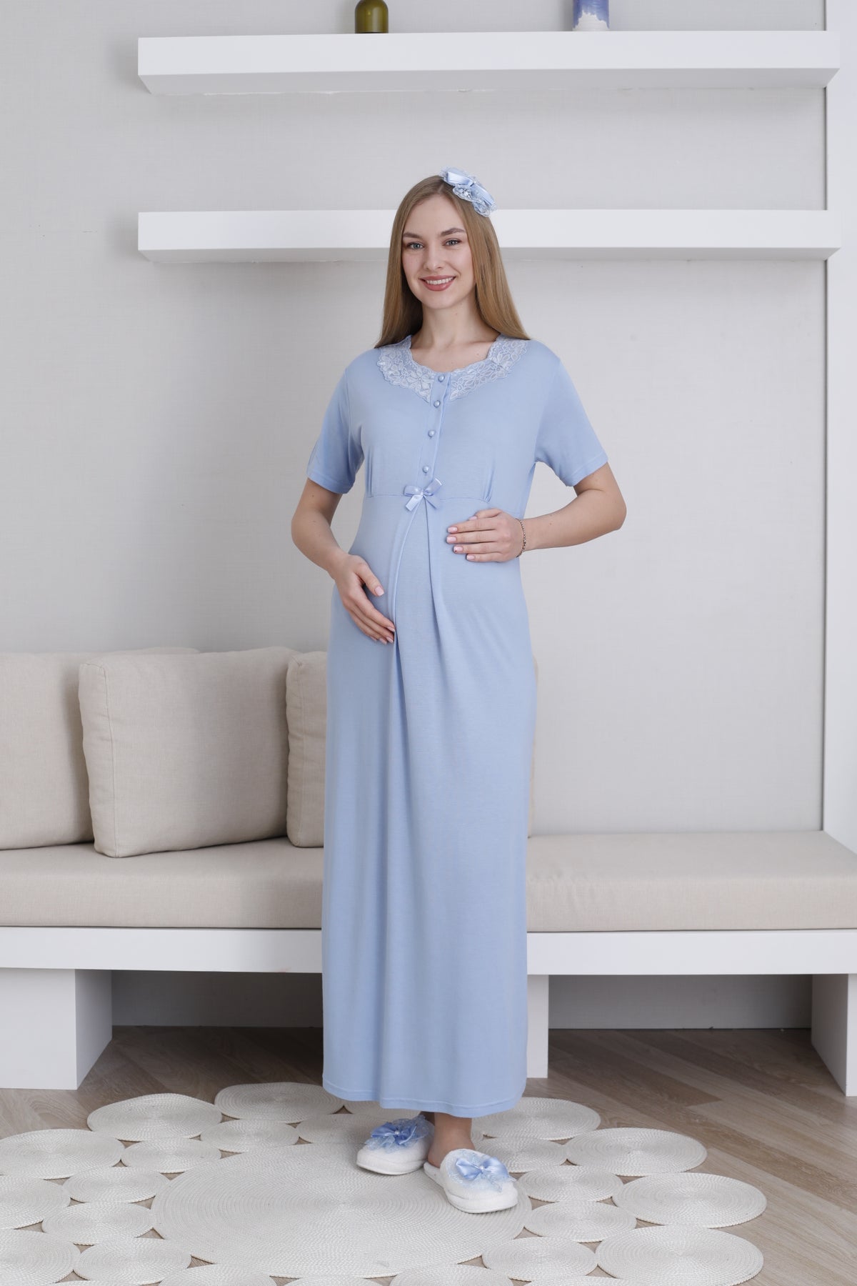 Lace Collar Maternity-Nursing Nightgown & Robe Set Blue - 2292