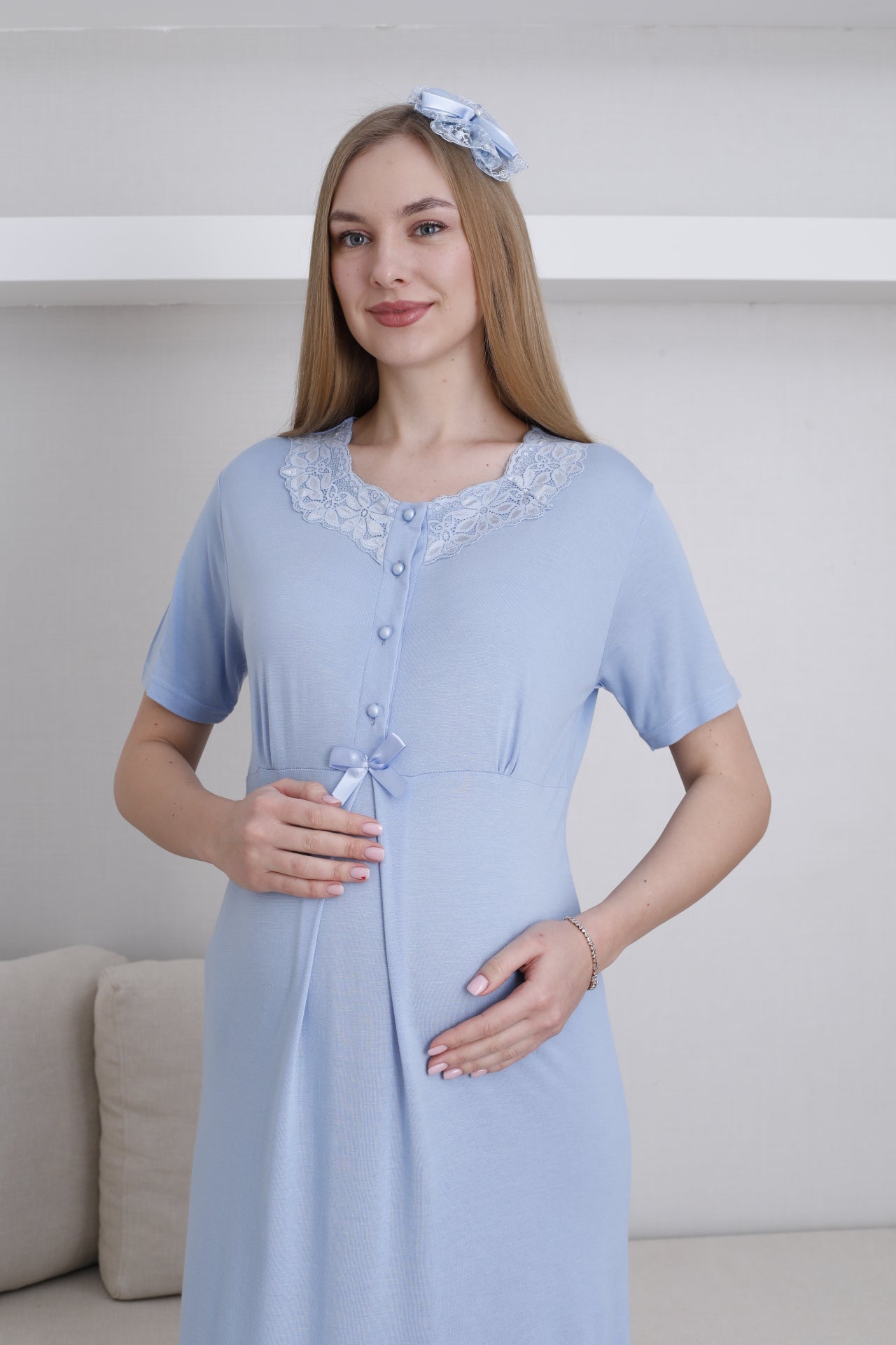 Lace Collar Maternity-Nursing Nightgown & Robe Set Blue - 2292