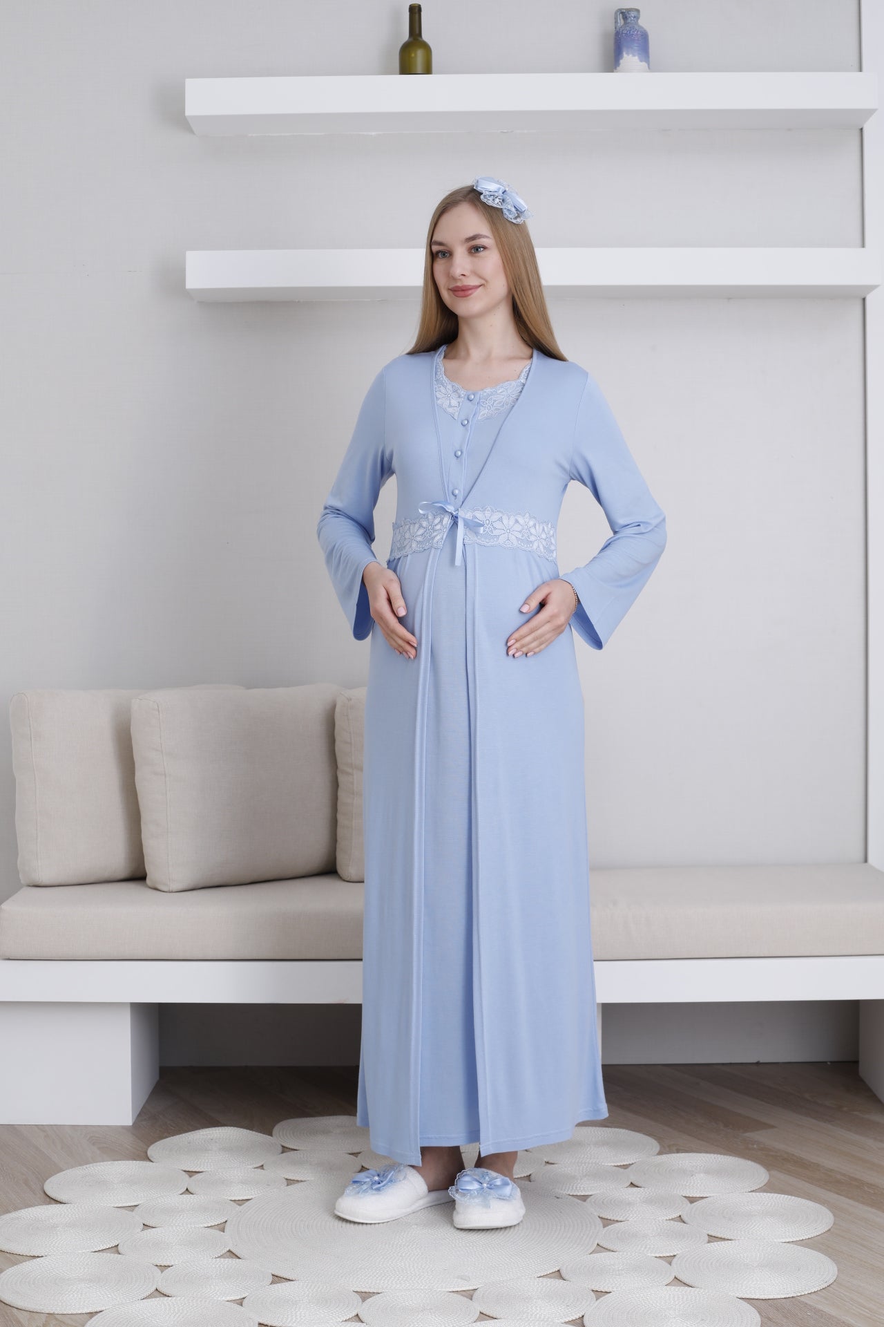 Lace Collar Maternity-Nursing Nightgown & Robe Set Blue - 2292