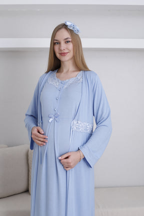 Lace Collar Maternity-Nursing Nightgown & Robe Set Blue - 2292