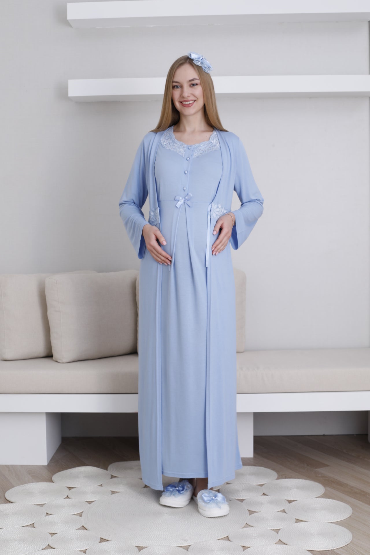 Lace Collar Maternity-Nursing Nightgown & Robe Set Blue - 2292