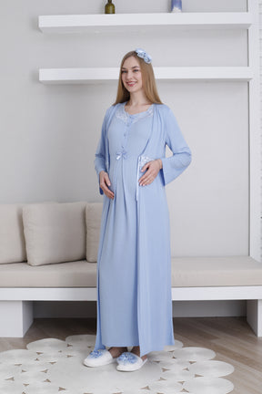 Lace Collar Maternity-Nursing Nightgown & Robe Set Blue - 2292