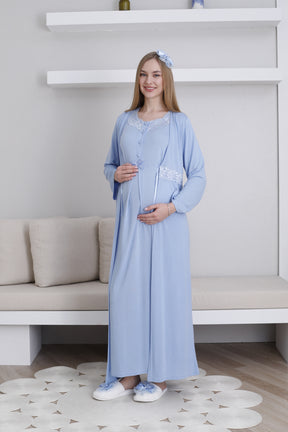 Lace Collar Maternity-Nursing Nightgown & Robe Set Blue - 2292