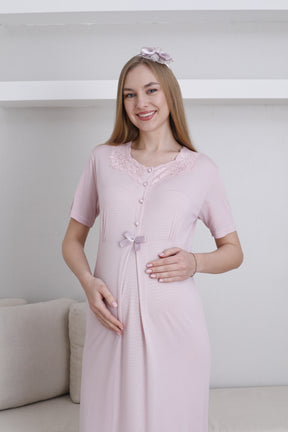 Lace Collar Maternity-Nursing Nightgown & Robe Set Powder - 2292