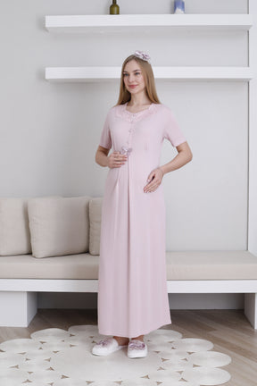 Lace Collar Maternity-Nursing Nightgown & Robe Set Powder - 2292