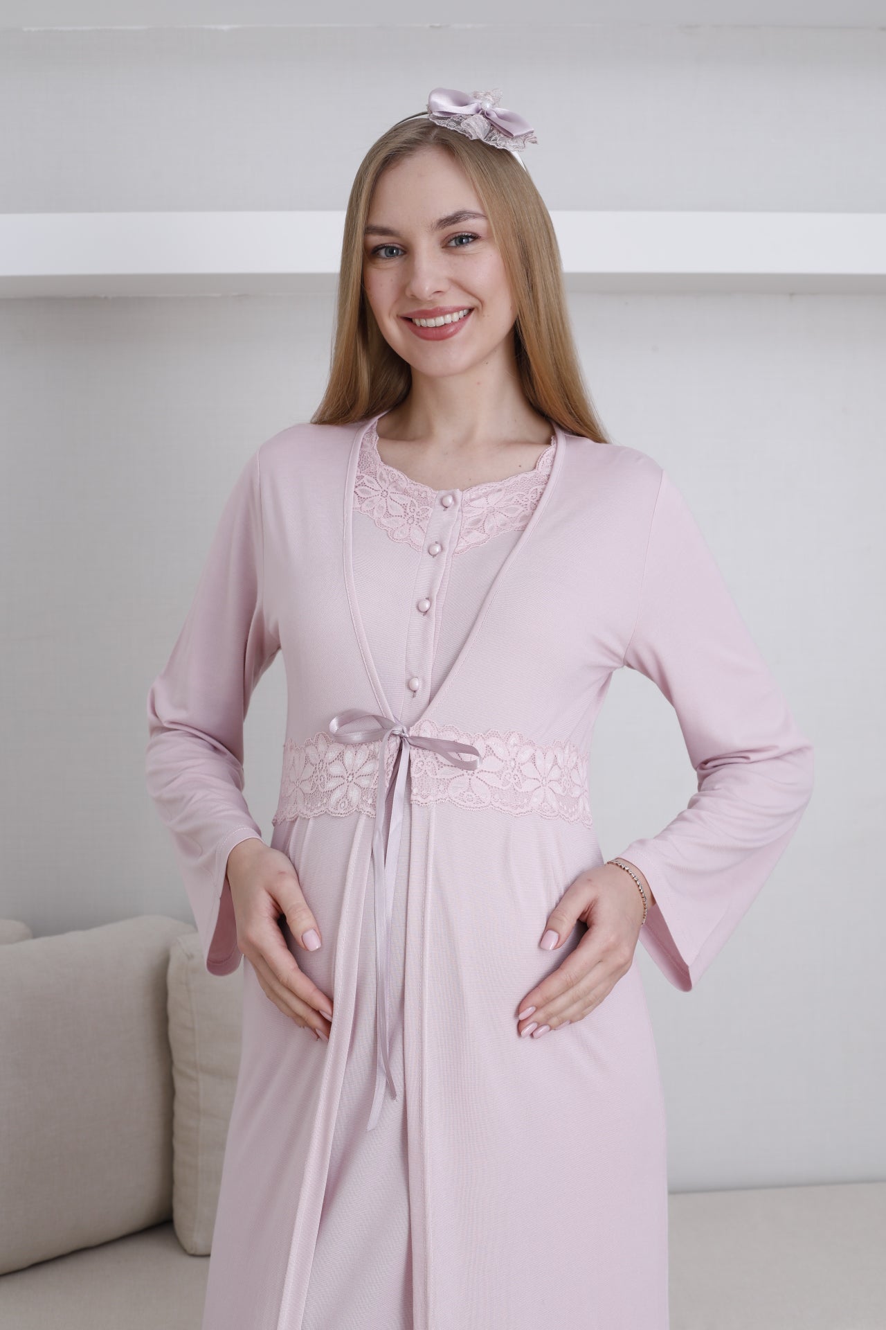 Lace Collar Maternity-Nursing Nightgown & Robe Set Powder - 2292