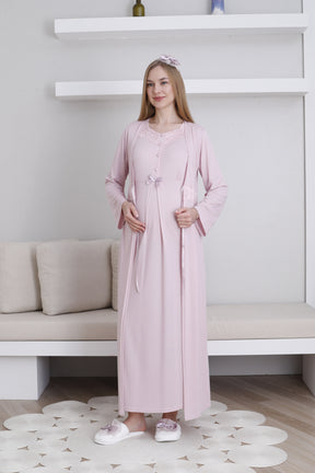 Lace Collar Maternity-Nursing Nightgown & Robe Set Powder - 2292