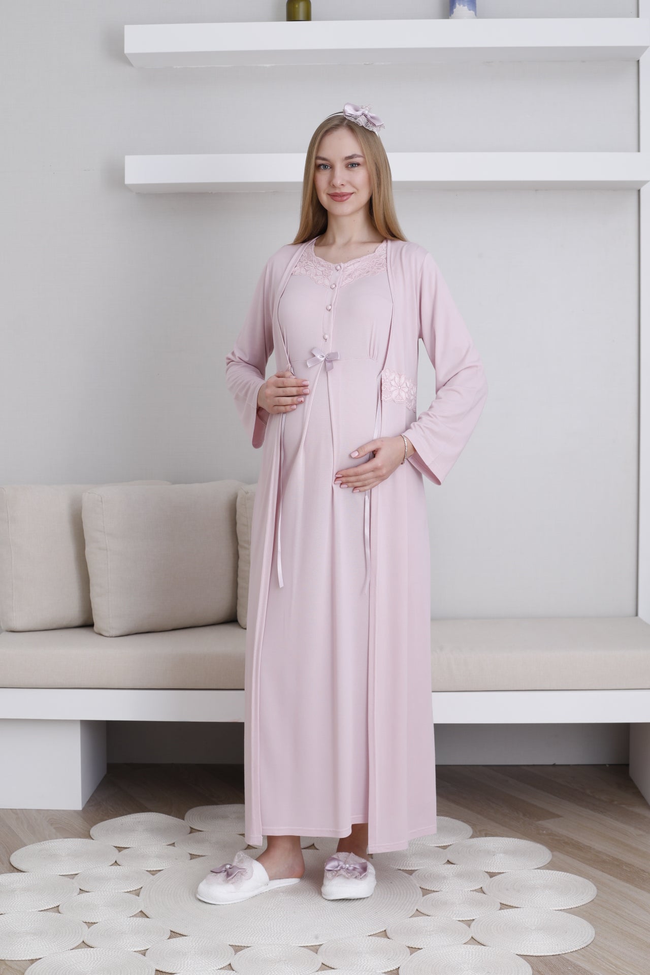 Lace Collar Maternity-Nursing Nightgown & Robe Set Powder - 2292