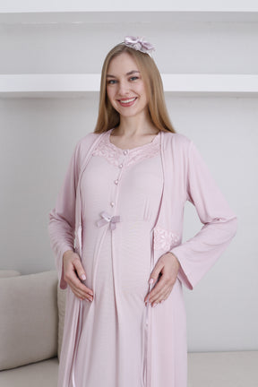 Lace Collar Maternity-Nursing Nightgown & Robe Set Powder - 2292