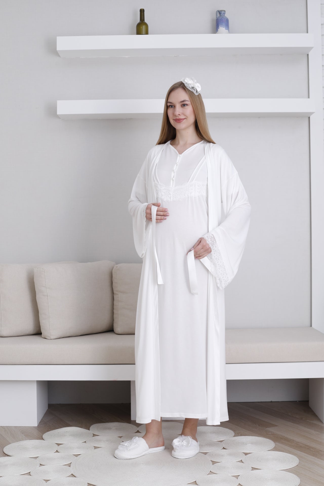 Lace Sleeve Maternity-Nursing Nightgown & Robe Set Ecru - 2293