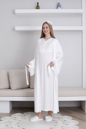 Lace Sleeve Maternity-Nursing Nightgown & Robe Set Ecru - 2293