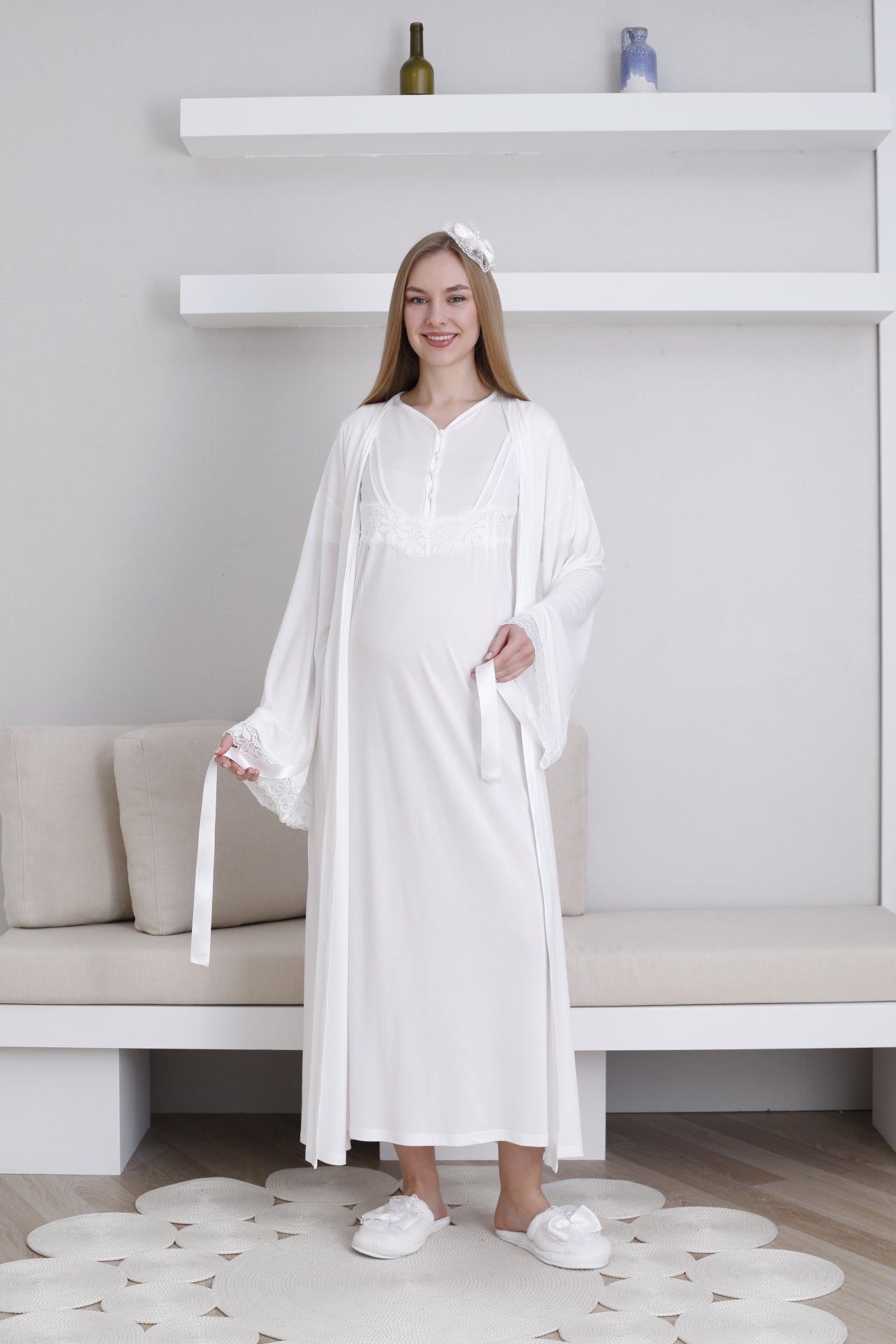 Lace Sleeve Maternity-Nursing Nightgown & Robe Set Ecru - 2293