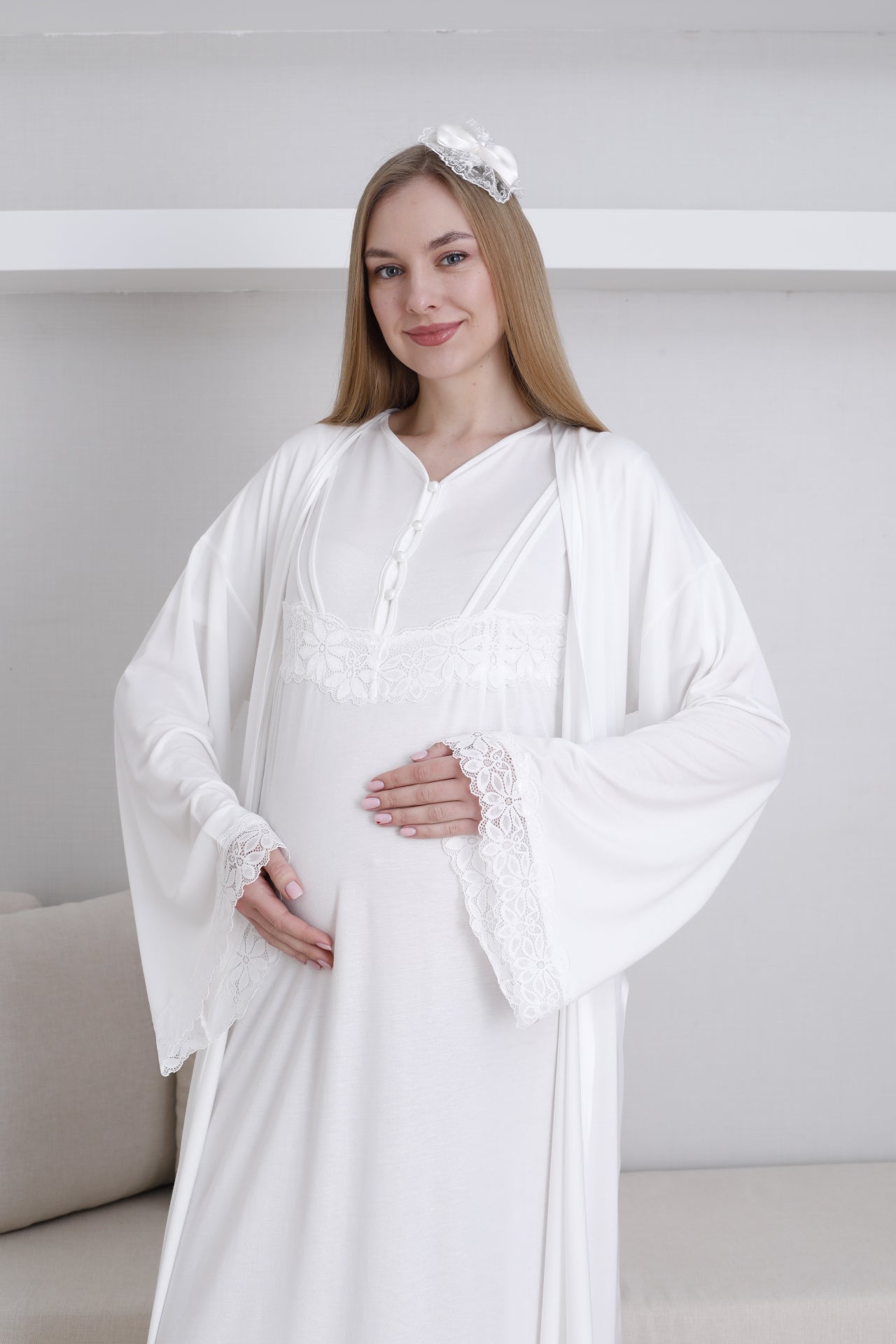 Lace Sleeve Maternity-Nursing Nightgown & Robe Set Ecru - 2293