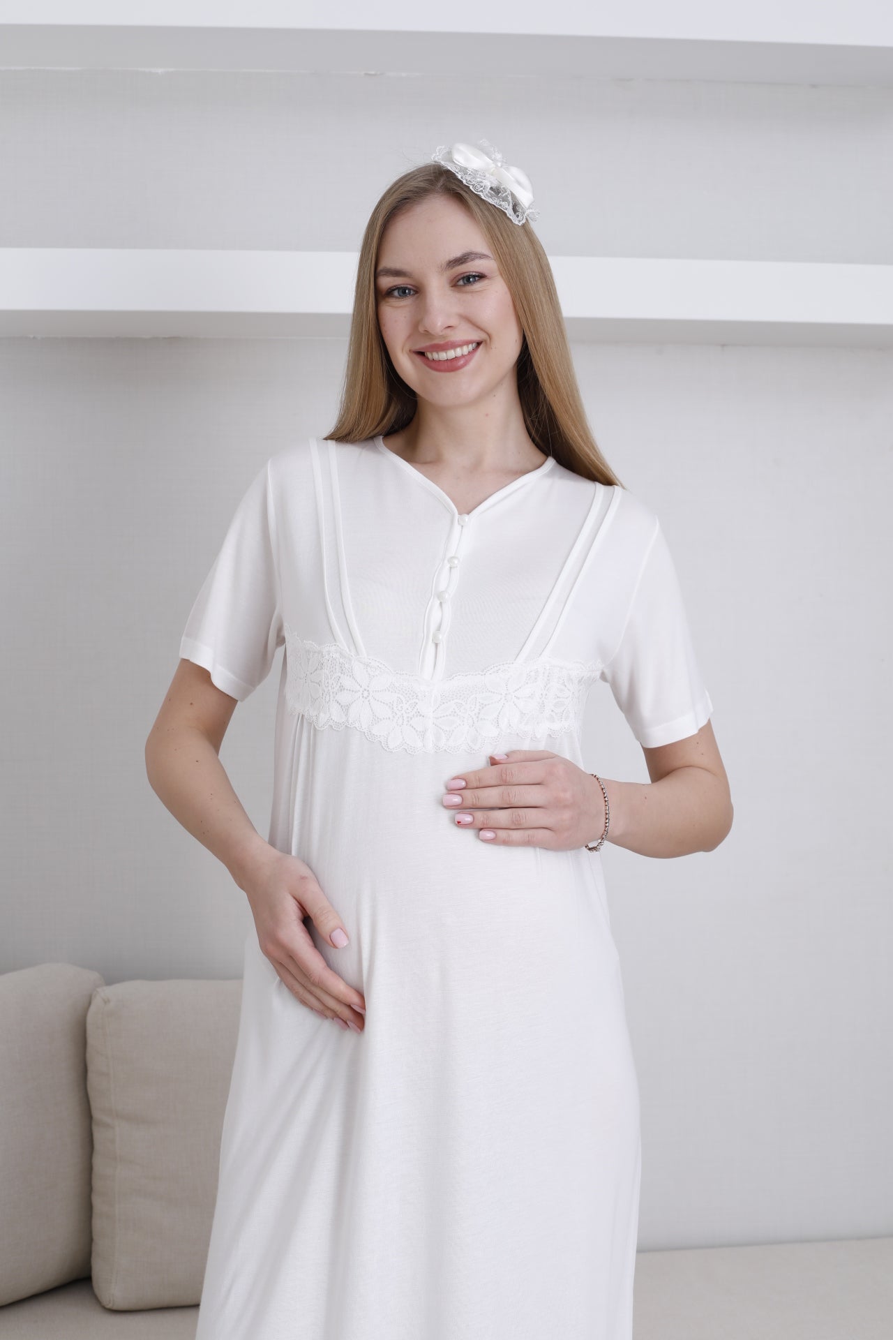 Lace Sleeve Maternity-Nursing Nightgown & Robe Set Ecru - 2293