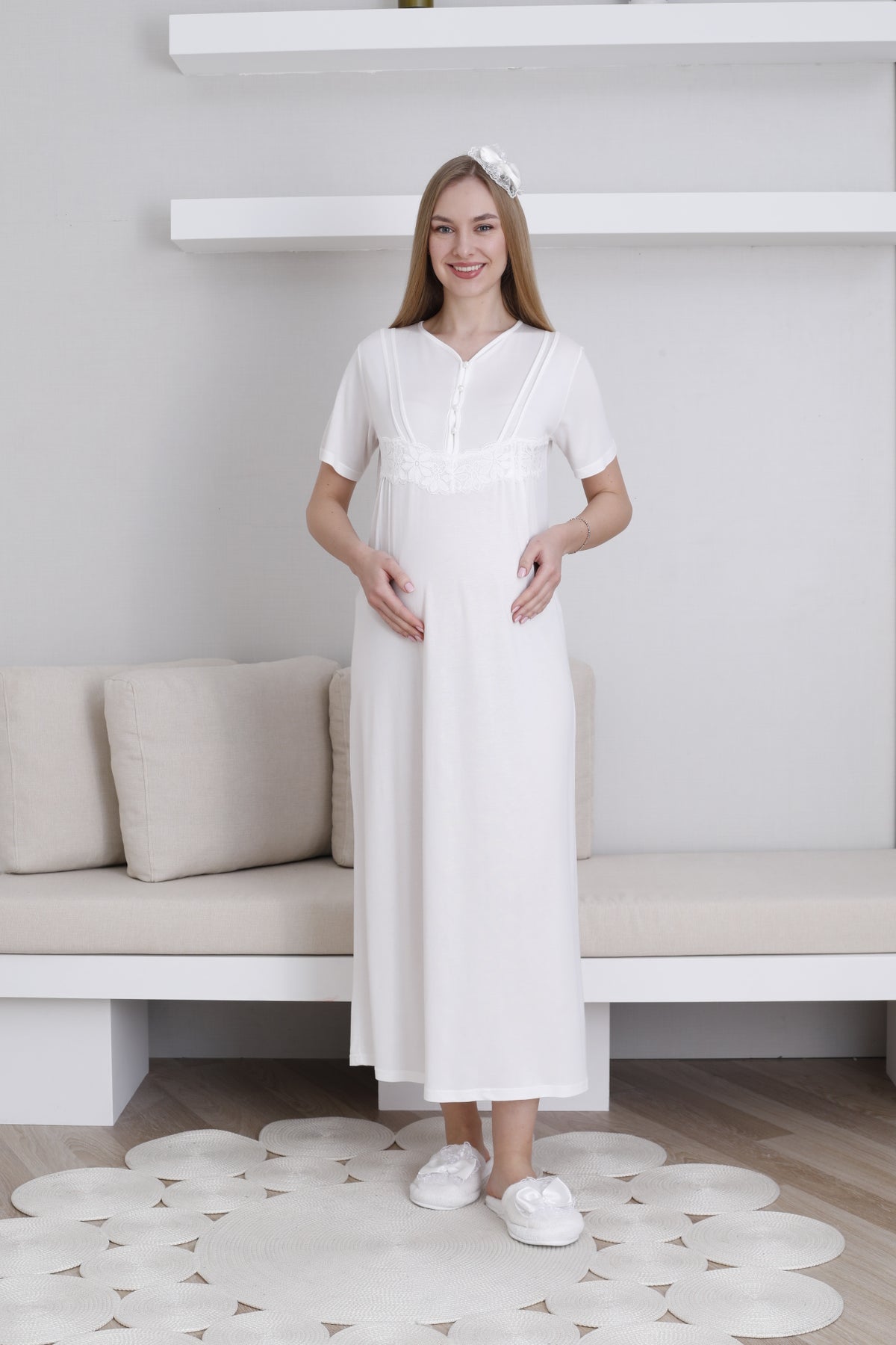 Lace Sleeve Maternity-Nursing Nightgown & Robe Set Ecru - 2293