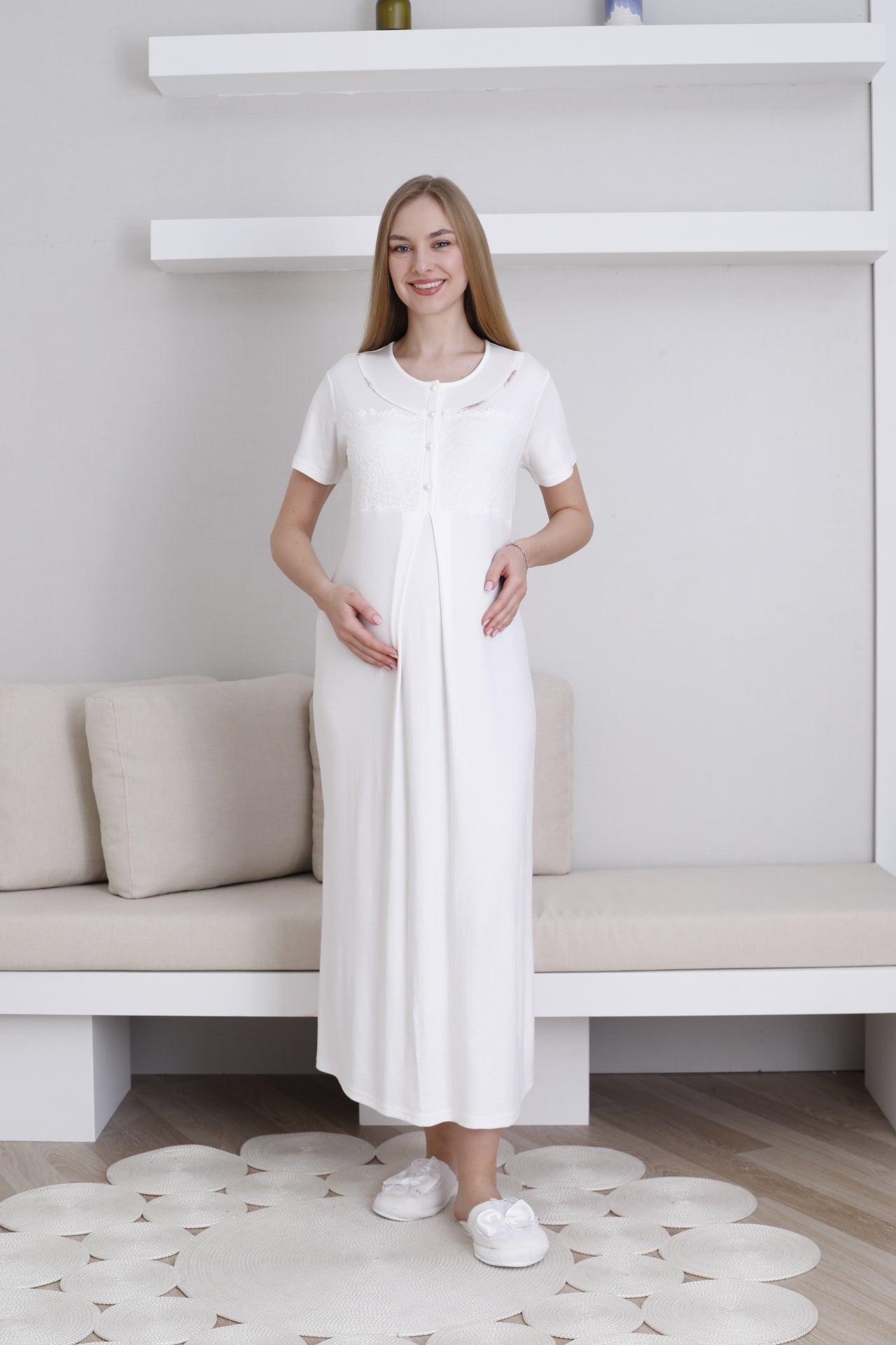 Lace Collar Maternity-Nursing Nightgown & Patterned Robe Set Ecru - 2294