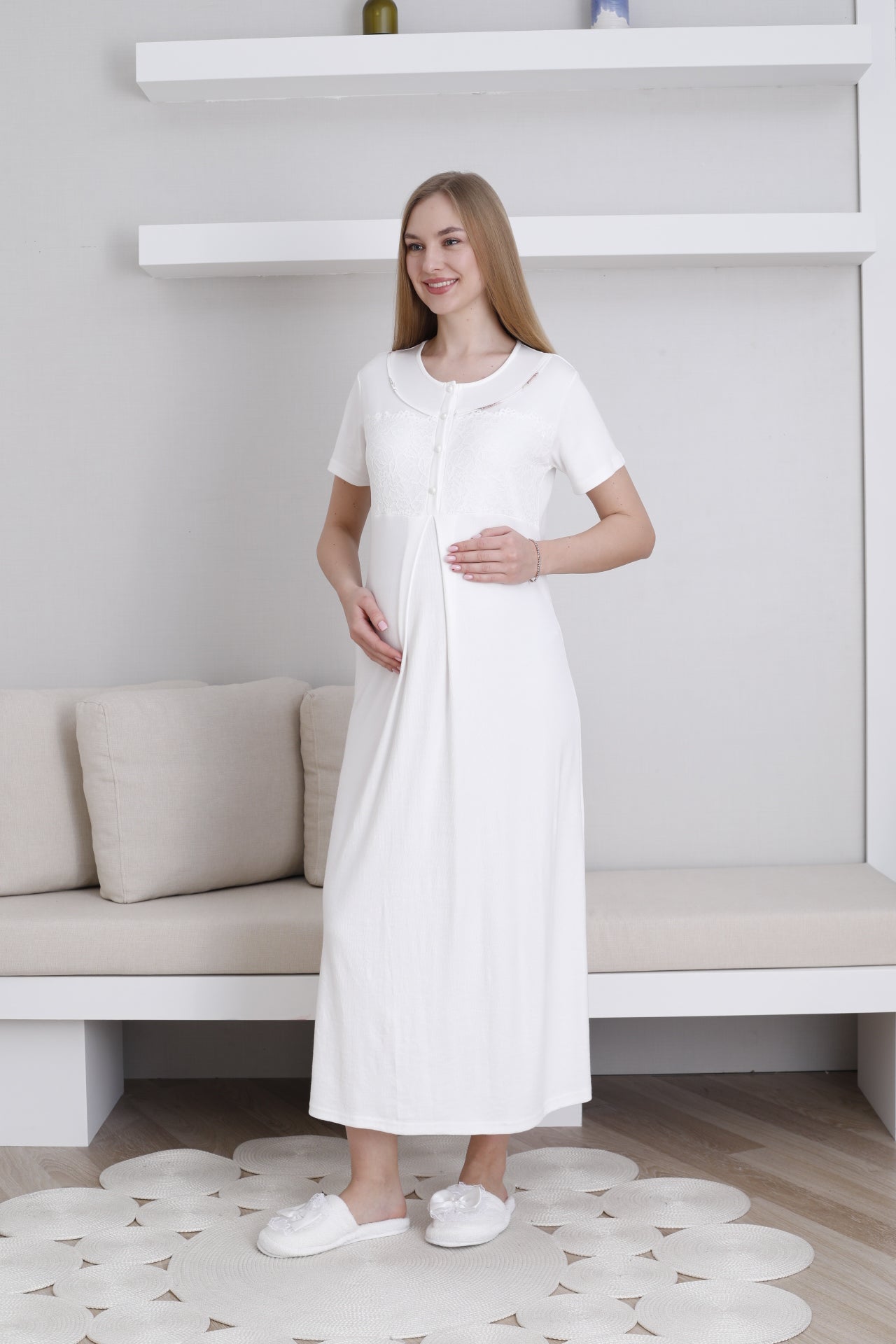 Lace Collar Maternity-Nursing Nightgown & Patterned Robe Set Ecru - 2294