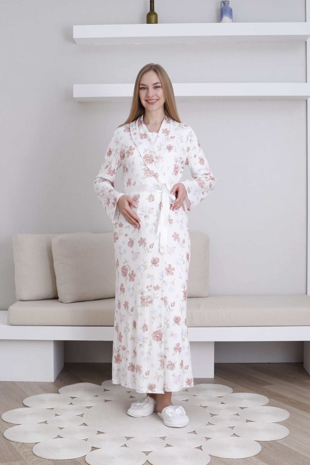 Lace Collar Maternity-Nursing Nightgown & Patterned Robe Set Ecru - 2294