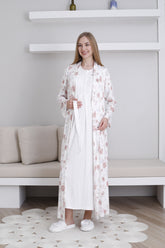 Lace Collar Maternity-Nursing Nightgown & Patterned Robe Set Ecru - 2294