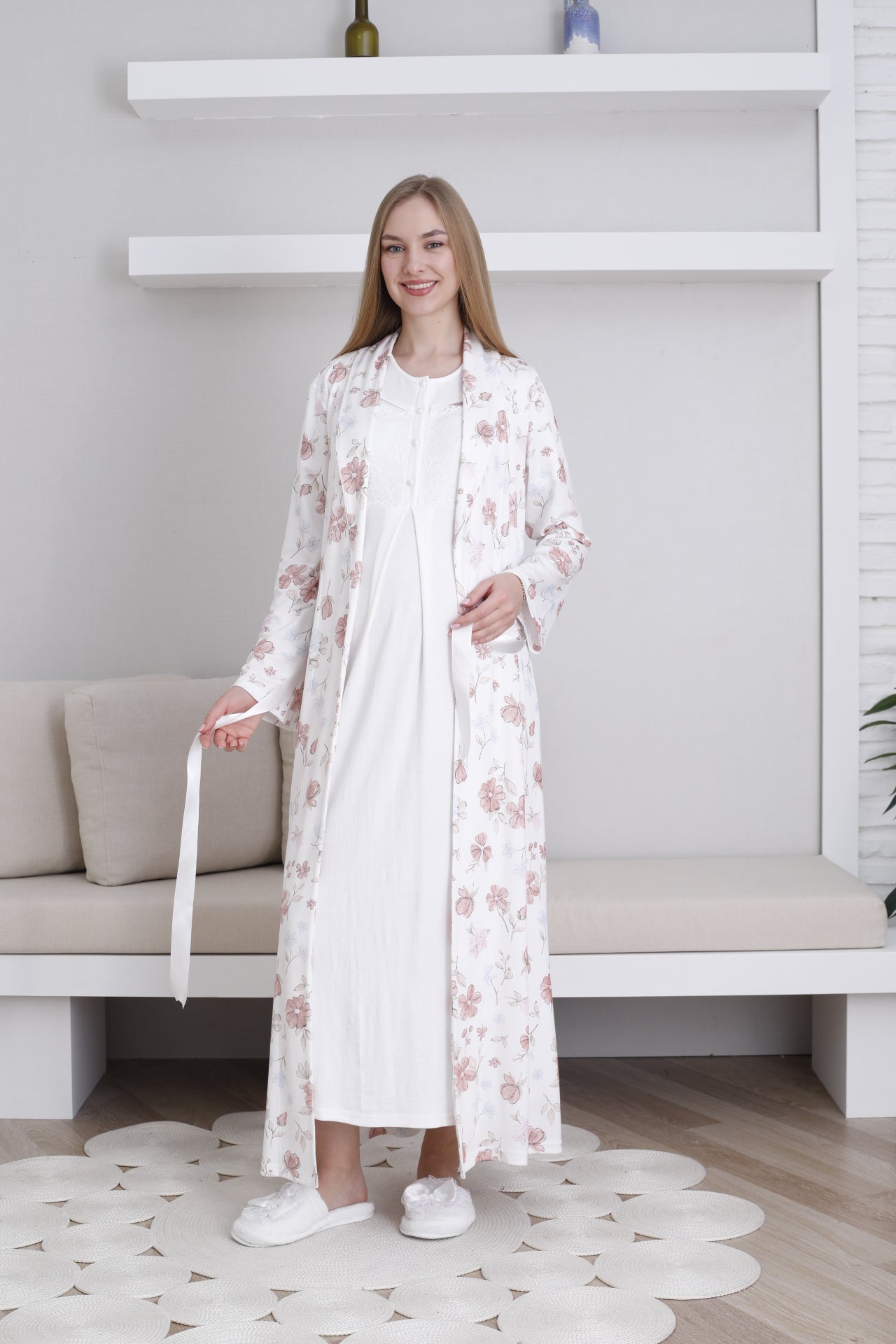 Lace Collar Maternity-Nursing Nightgown & Patterned Robe Set Ecru - 2294