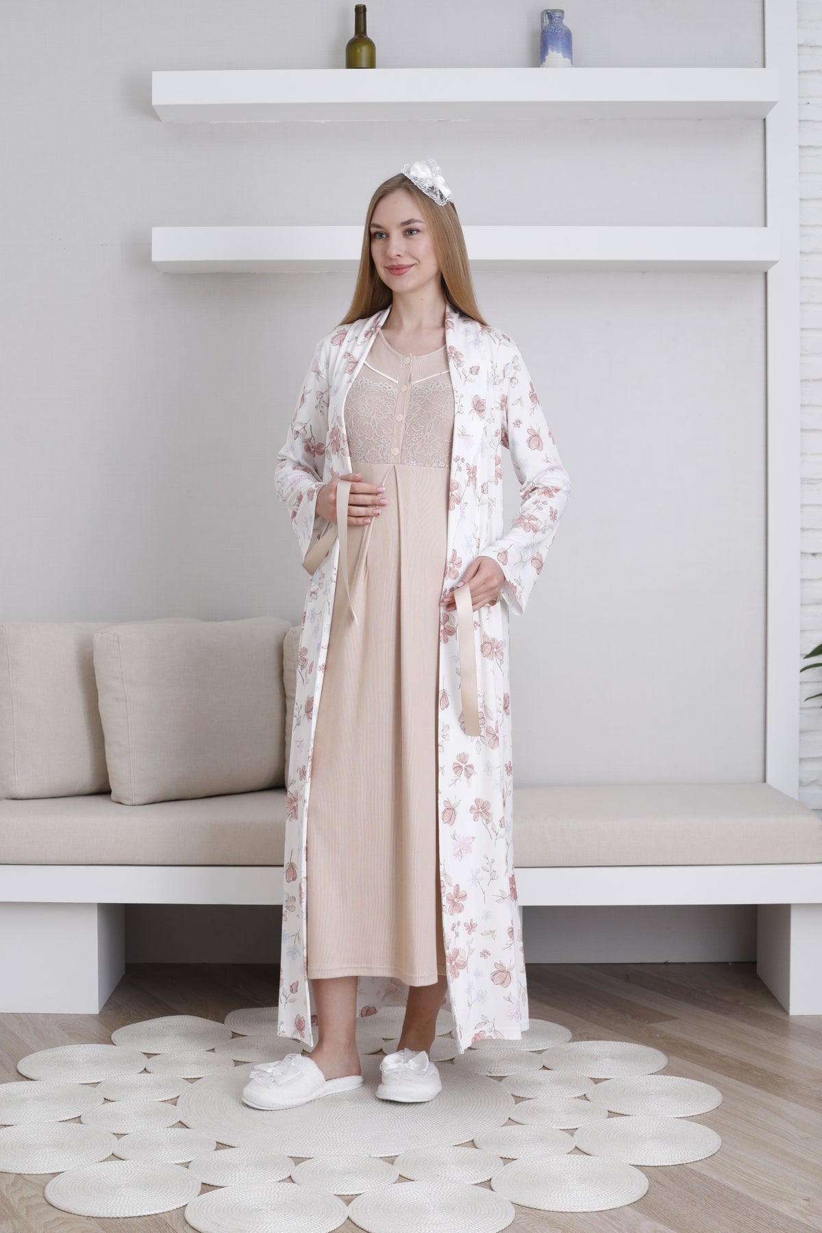 Lace Collar Maternity-Nursing Nightgown & Patterned Robe Set Mink - 2294