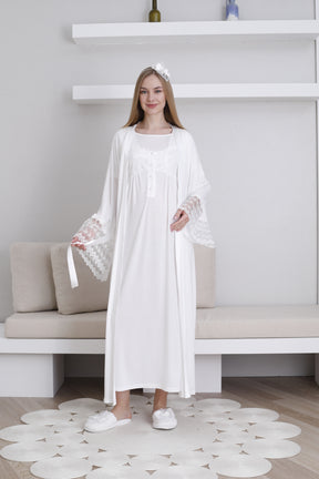 Lace Collar and Sleeve Maternity-Nursing Nightgown & Robe Set Ecru - 2295