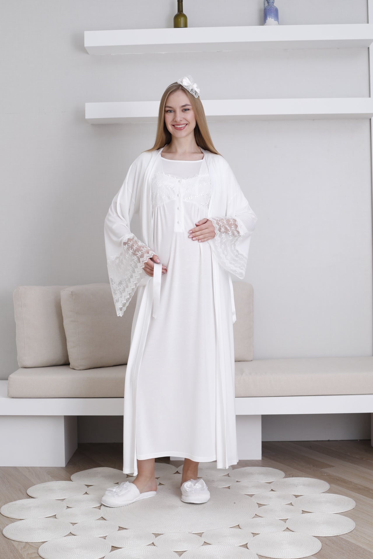 Lace Collar and Sleeve Maternity-Nursing Nightgown & Robe Set Ecru - 2295