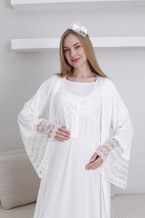 Lace Collar and Sleeve Maternity-Nursing Nightgown & Robe Set Ecru - 2295