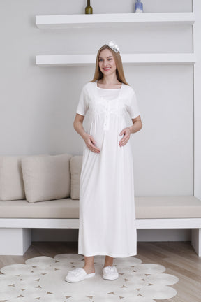 Lace Collar and Sleeve Maternity-Nursing Nightgown & Robe Set Ecru - 2295