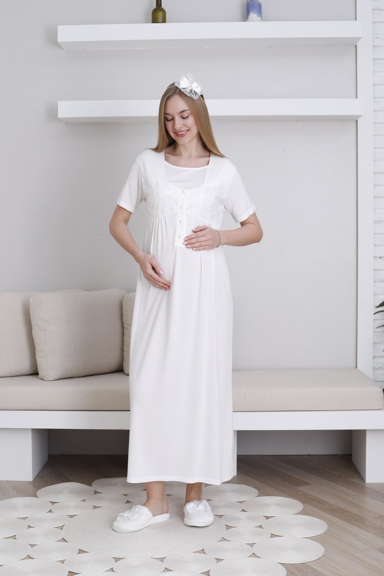 Lace Collar and Sleeve Maternity-Nursing Nightgown & Robe Set Ecru - 2295