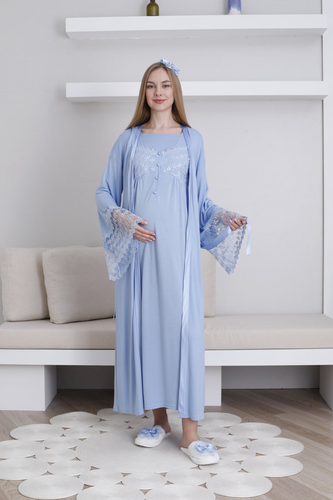 Lace Collar and Sleeve Maternity-Nursing Nightgown & Robe Set Blue - 2295