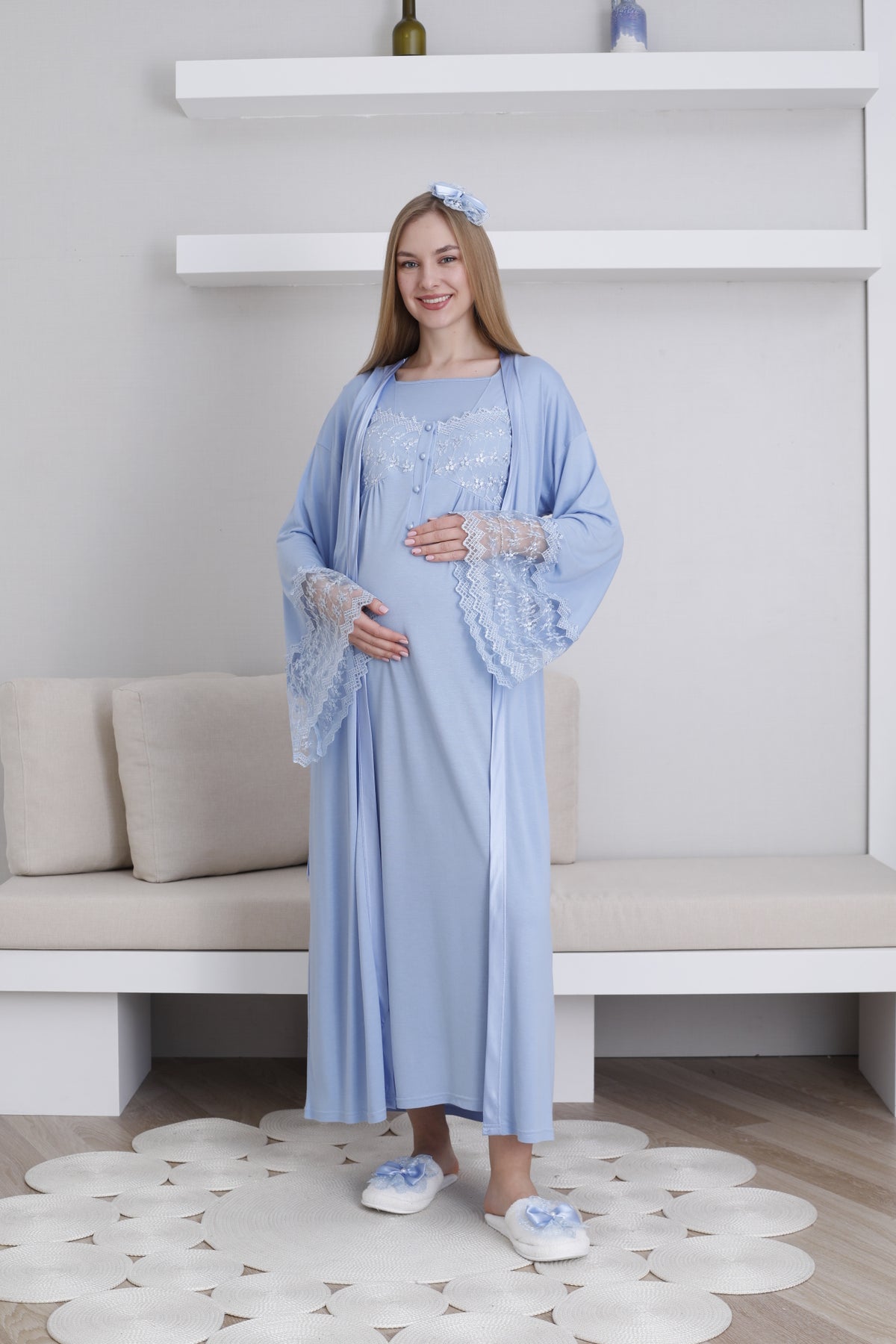 Lace Collar and Sleeve Maternity-Nursing Nightgown & Robe Set Blue - 2295