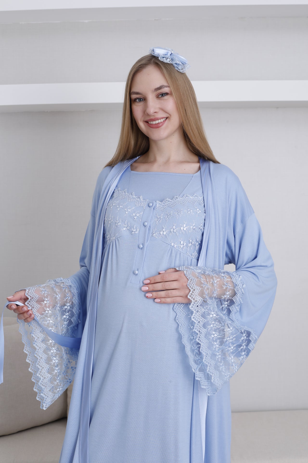 Lace Collar and Sleeve Maternity-Nursing Nightgown & Robe Set Blue - 2295